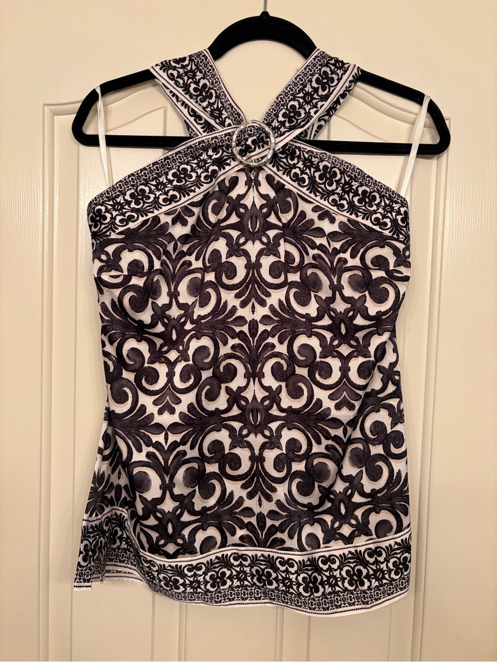 White House Black Market Black & White Scroll Halter Tank with Ring Detail
